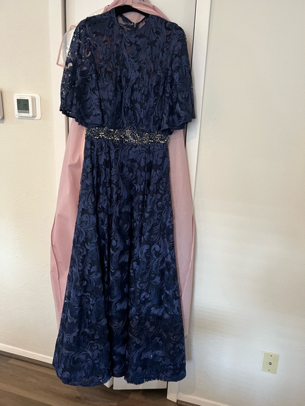 Navy Embroidered Lace Party Dress with Beaded Waist